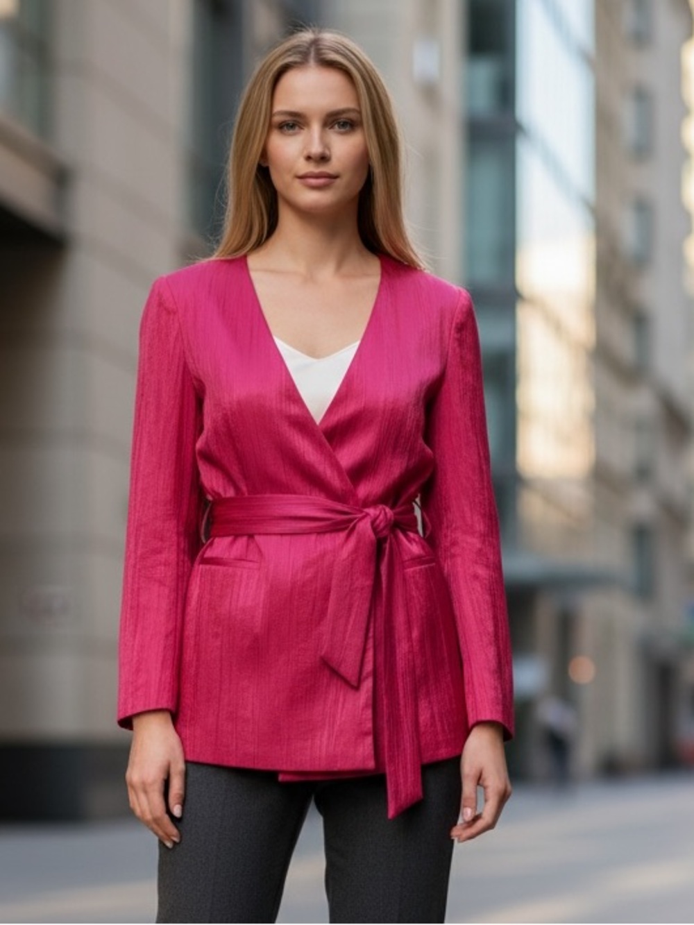 NWT ZARA Women's Blazer Wrinkle Effect Belted fuchsia Hot Pink Large